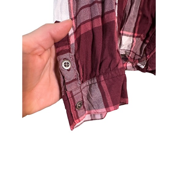 Womens Plaid‎ Button Down Shirt Long Sleeve Burgundy Pink Lace Shoulder - Picture 3 of 9